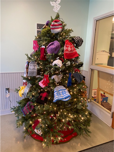 Giving Tree, Christmas tree with donated socks and hats