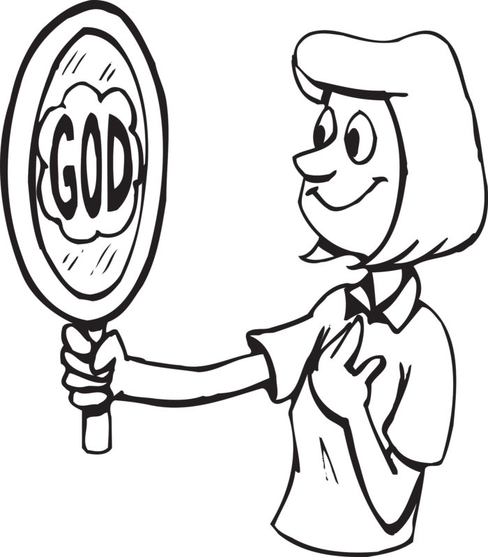 Woman looking in mirror and seeing God