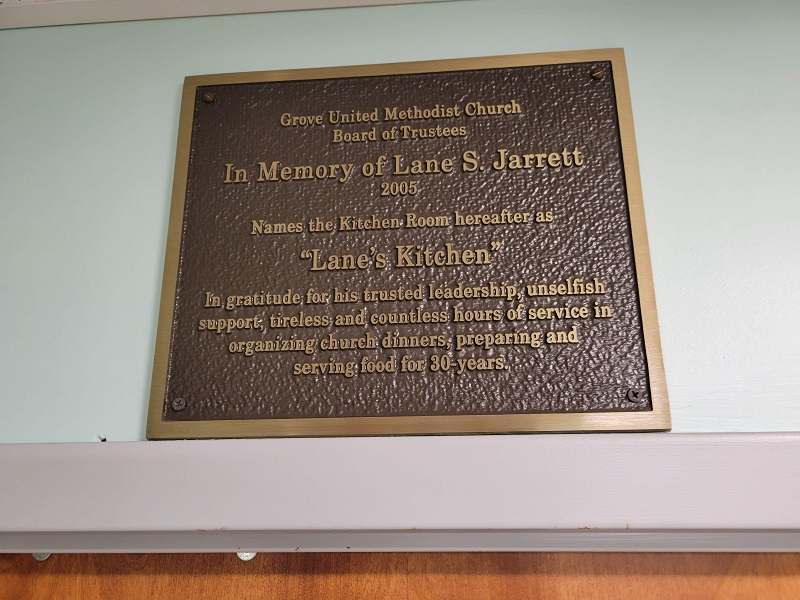 plaque that reads "Lane's Kitchen" in honor of Lane Jarrett